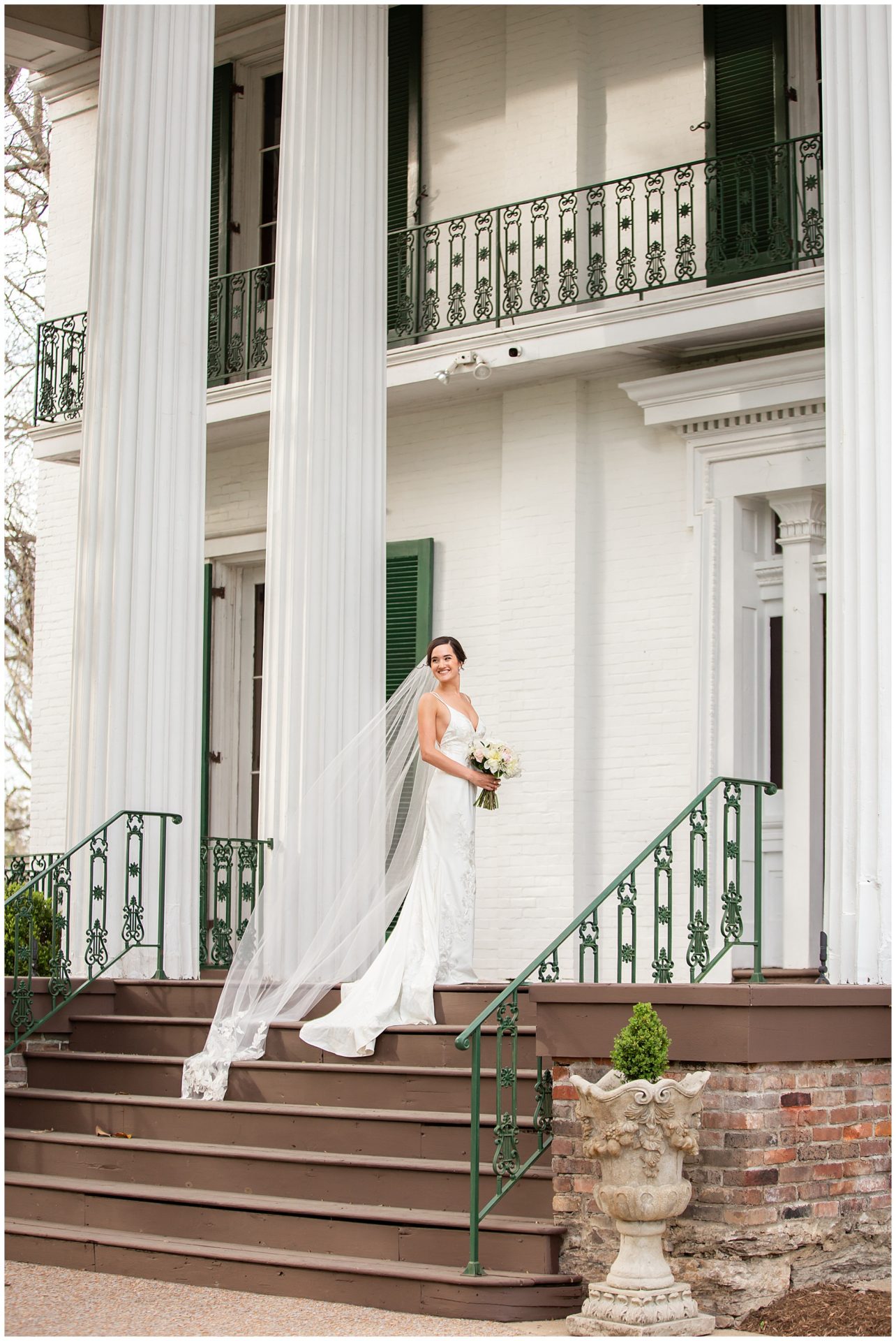Front steps bridal session portraits at Riverwood Mansion in Nashville by the best Nashville wedding photographer, Melanie Dunn Photography