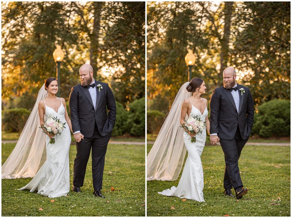 Casual and candid bride and groom portraits at sunset at Riverwood Mansion by top wedding photographer, Melanie Dunn