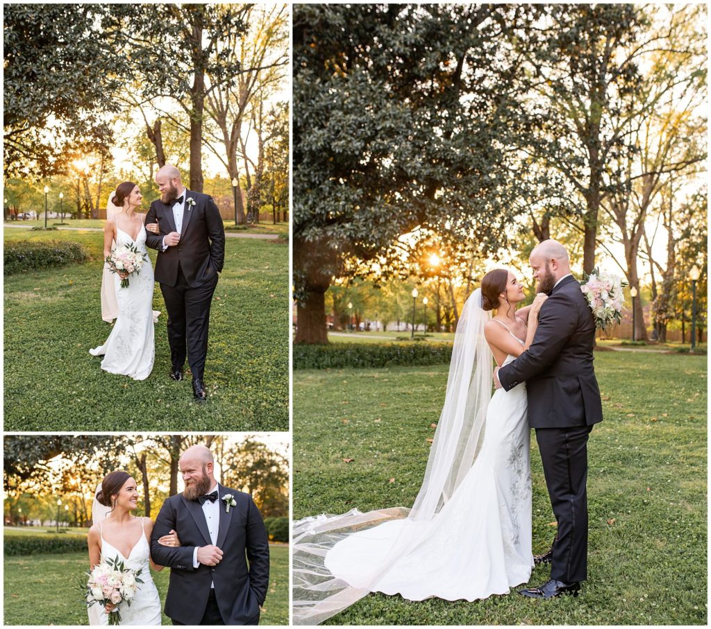 Candid bride and groom portraits at sunset at Riverwood Mansion by top wedding photographer, Melanie Dunn