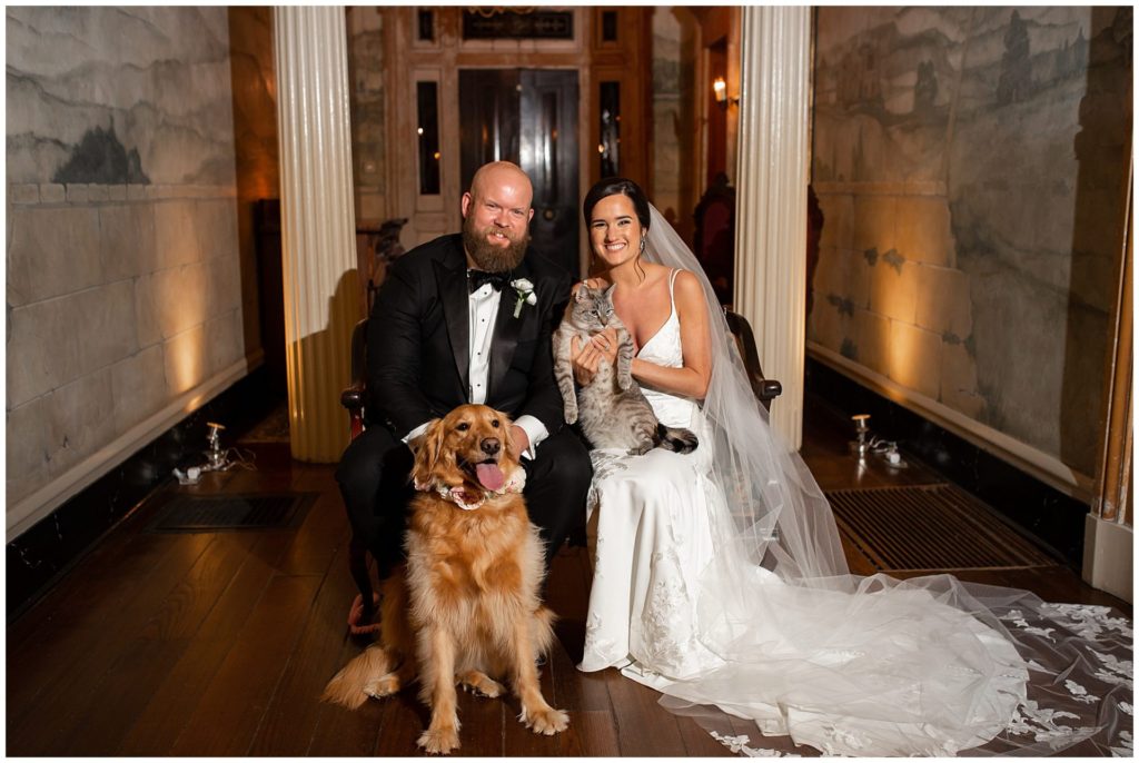 Formal Bride and groom portraits with their cat and dog at Riverwood Mansion by the best Nashville wedding photographer, Melanie Dunn
